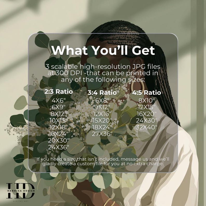 May include: Digital art print featuring a woman with dark hair and gold earrings, holding a bouquet of white flowers and green foliage. The image includes text detailing print sizes available in 2:3, 3:4, and 4:5 ratios.
