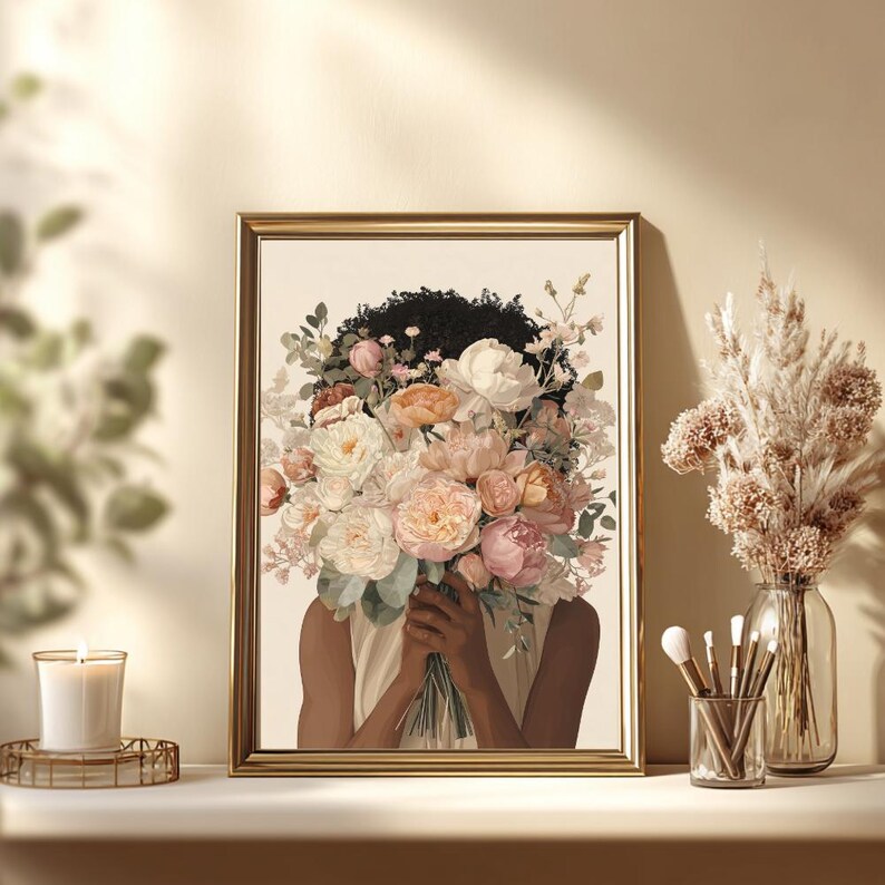 Blomtryck av svart kvinna, illustration med feminin bukett (digital nedladdning) bild 13