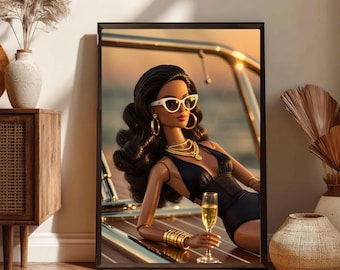 Glamorous Black Doll Yacht Print: Champagne Golden Hour Fashion (Digital Download)