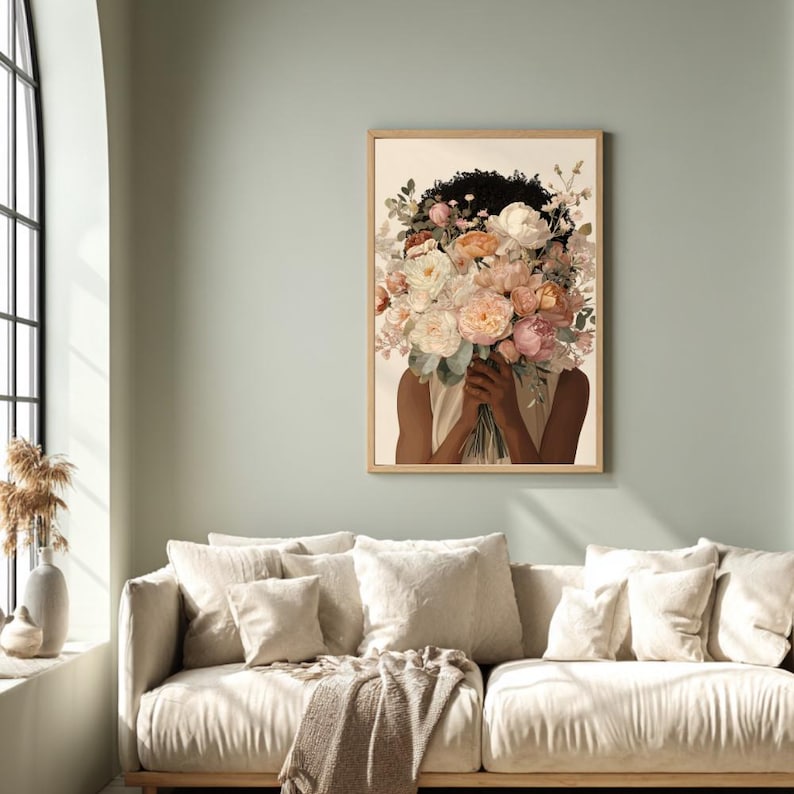 Blomtryck av svart kvinna, illustration med feminin bukett (digital nedladdning) bild 8