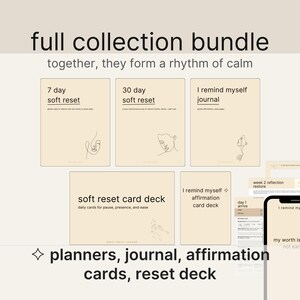 Könnte beinhalten: Eine Sammlung von Selbstpflegeprodukten, darunter Journale, Affirmationskarten und ein Reset-Deck. Die Artikel sind in einer neutralen Farbpalette mit minimalistischer Linienkunst und Text gehalten. Das Bild enthält ein Telefon mit einem Zitat.