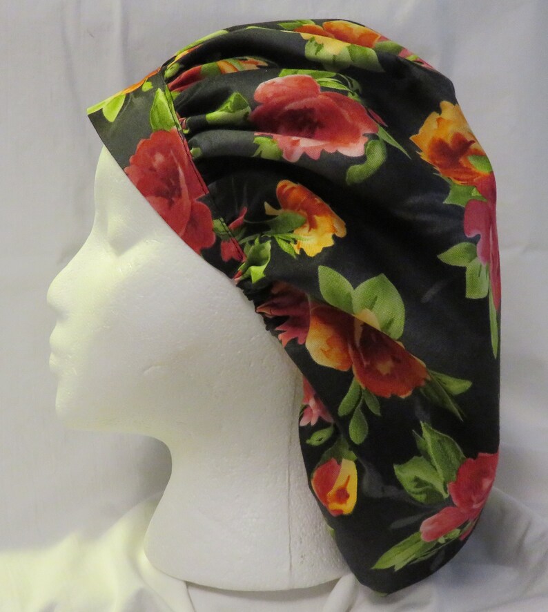 Floral on Black Bouffant Scrub Hat JO088