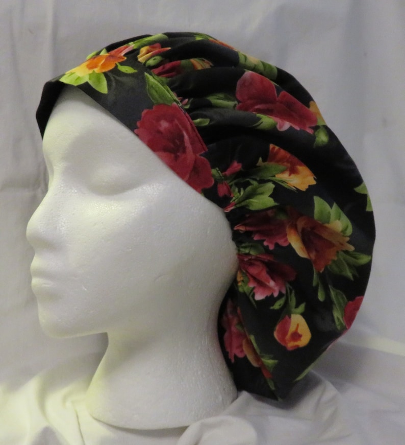 Floral on Black Bouffant Scrub Hat JO088