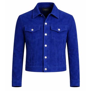 Royal Blue Suede Jacket Men Vintage Western Trucker Button Coat Gift