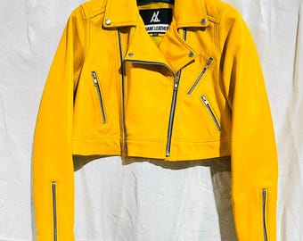Dames geel leren bikerjack, cropped model, motorjack met rits, cadeau voor dames