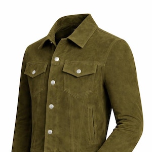 Chaqueta vaquera de ante color oliva para hombre, estilo vintage, de cuero, estilo western, corte ajustado, informal.
