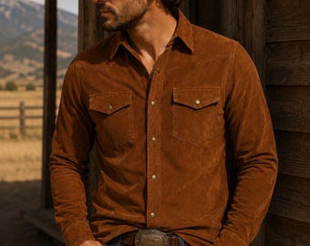 Men's Brown Suede Leather Western Shirt Jacket Snap Button Trucker Overshirt