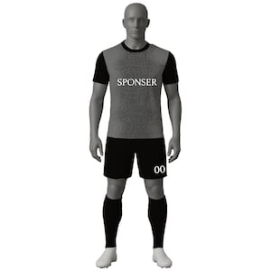 Maqueta de camiseta de fútbol personalizada / Vista frontal, trasera y lateral / Nombre y número editables / Diseño de uniforme deportivo por sublimación para equipos