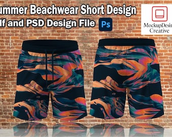 Può includere: Due paia di pantaloncini da spiaggia estivi con un design astratto colorato. I pantaloncini hanno un elastico in vita e un cordoncino neri. Il design presenta vortici arancioni, verde acqua e rosa su uno sfondo blu scuro. L'immagine include anche il testo "Summer Beachwear Short Design" e "Pdf and PSD Design File".