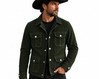 Men's Forest Green Suede Safari Utility Shirt Jacket Western Button Front Coat Gift Him