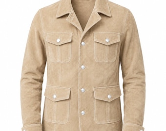 Beige suède truckerjas voor heren, safari-jas van echt leer, westernstijl met knoopsluiting.