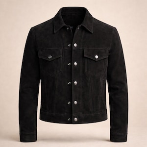 May include: A black suede jacket with a classic design. It features a collared neckline, two chest pockets, and silver-tone button closures. The jacket has long sleeves and a tailored fit, suitable for various occasions.