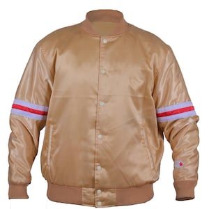 Golden satin varsity bomber jacket front view – unisex lightweight retro jacket with red and white arm stripes