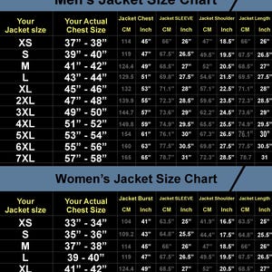 May include: A jacket size chart for men and women, displaying measurements in both centimetres and inches. The chart details jacket size, chest size, sleeve length, shoulder width, and jacket length. Sizes range from XS to 7XL for men and XS to 2XL for women.