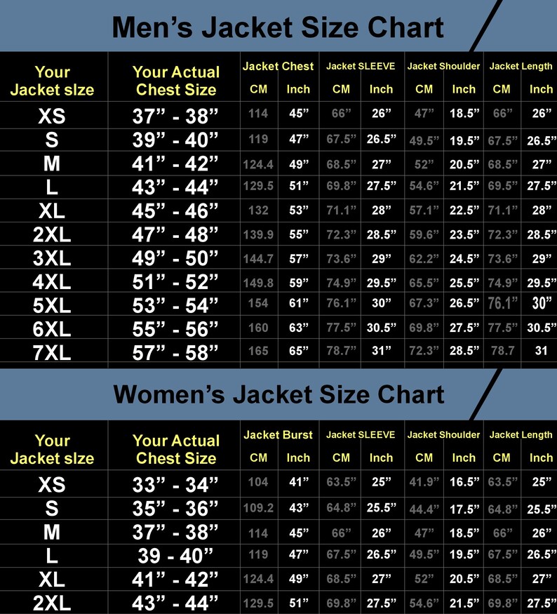 May include: A jacket size chart for men and women, displaying measurements in both centimetres and inches. The chart details jacket size, chest size, sleeve length, shoulder width, and jacket length. Sizes range from XS to 7XL for men and XS to 2XL for women.