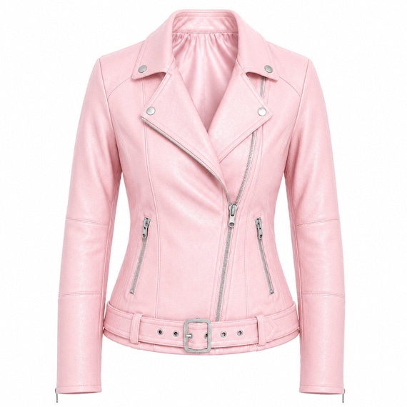 Pink Genuine Leather Jacket Women, Pastel Moto Biker Jacket, Slim Fit Crop Coat