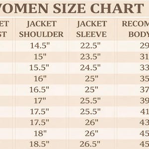 K&ouml;nnte beinhalten: Eine Gr&ouml;&szlig;entabelle mit dem Titel WOMEN SIZE CHART mit Spalten f&uuml;r Gr&ouml;&szlig;e, Jackenbrust, Schulter, &Auml;rmel und empfohlene K&ouml;rperbrust. Die Tabelle listet Gr&ouml;&szlig;en von XXS bis 5XL mit den entsprechenden Ma&szlig;en in Zoll auf.