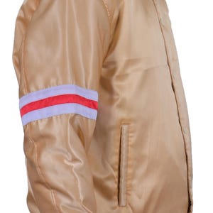 May include: A tan satin bomber jacket with a ribbed collar, cuffs, and waistband. The left sleeve features a white and red striped detail. The jacket has a button-up front and a single pocket.