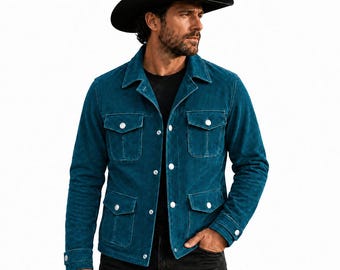 Truckerjack voor heren van suède in turquoiseblauw, een westernjas van echt leer, een perfect cadeau voor hem.