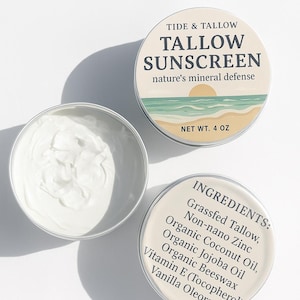 Tallow Sunscreen | Natural Sun Protection | Homemade | Non-Toxic Zinc Sunscreen | 4 oz Handmade Summer Skincare | Kid-Safe | Reef Safe