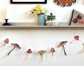 Illustrated Mushroom Garland - Autumn Bunting - Fall Forage Banner - Halloween Decor - Fall Harvest - Vintage Fall Garland - Mushroom Decor