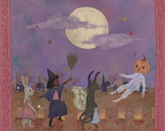 Original Halloween Illustration Print - Illustrated Whimsical Print - Fall Art Decor - Witch Art - Pumpkin Ghost - Autumn Animal Artwork