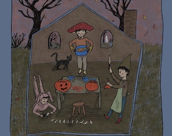 Original Halloween Illustration Print - Illustrated Whimsical Print - Fall Art Decor - Halloween Art - Pumpkin Carving - Autumn Artwork