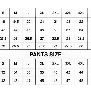 May include: A size chart for clothing, displaying measurements for shoulders, chest, length, and sleeve length, as well as waist and length for pants. Sizes range from S to 6XL, with measurements in inches.