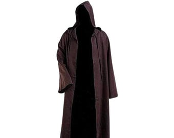 May include: A dark brown hooded robe with long sleeves. The robe is open in the front, revealing a black interior. The hood is up, and the robe appears to be made of a soft, flowing fabric. This costume is suitable for cosplay or themed events.