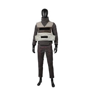 May include: A full costume displayed on a mannequin. The outfit includes a dark gray turtleneck, matching pants, and a beige and brown vest. The mannequin is wearing black gloves and boots. The costume is designed for cosplay or themed events.