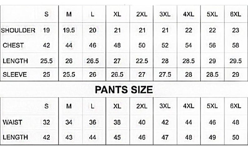 以下が含まれることがあります： 肩、胸囲、着丈、袖丈、ウエスト、パンツ丈の寸法を示す衣類のサイズチャート。サイズはSから6XLまで、インチ単位で表示されています。