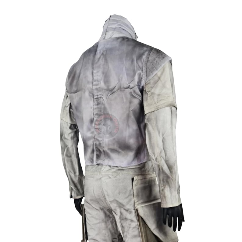 May include: A light gray jacket and pants set. The jacket has a high collar and a padded back. The pants have pockets on the sides. The outfit is made of a durable material and is suitable for costume or cosplay.