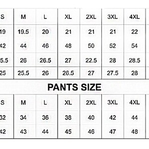 May include: A size chart for clothing, displaying measurements for shoulders, chest, length, and sleeve length, as well as waist and length for pants. Sizes range from S to 6XL, with measurements in inches.