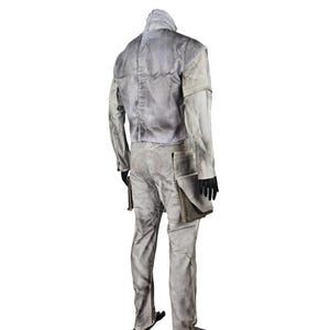 May include: A light grey costume with a jacket, pants, and gloves. The jacket has a high collar and a textured appearance. The pants have pockets and a worn look. The costume is designed for cosplay or themed events.