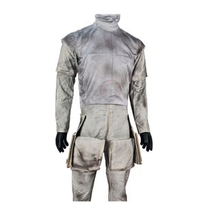 May include: A light gray costume with a high collar and long sleeves. The outfit includes a top and pants with large pockets. The costume has a weathered appearance, suggesting it is used. Black gloves are worn.