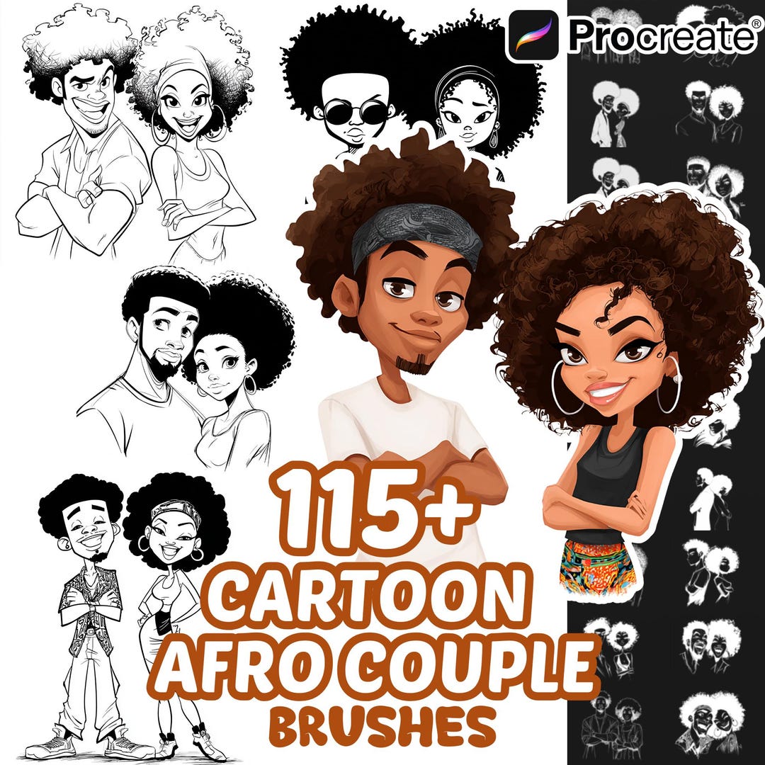 Procreate Human Brushes, 115+ Cartoon Afro Couples Procreate Stamps ...