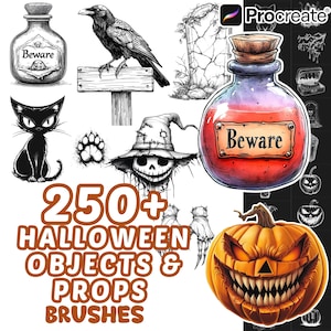 Maak griezelige penselen voort, 250+ Halloween-voorwerpen en rekwisieten Procreate penselen, drankjes, mystieke voorwerpen, horror, griezelig, griezelig, vloekelementen