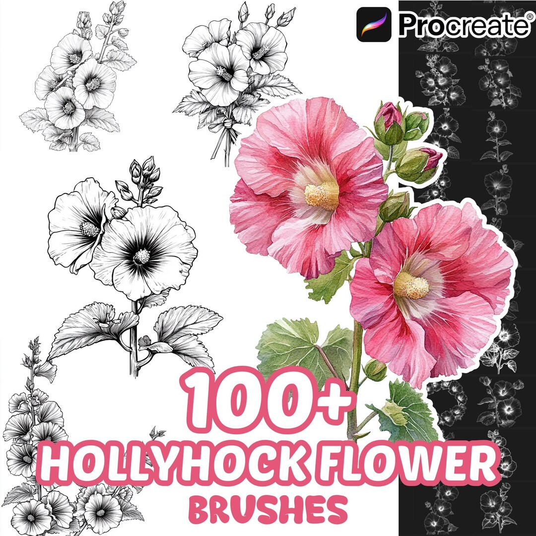 Procreate Flower Brushes, 100+ Hollyhock Flower Procreate Brushes ...