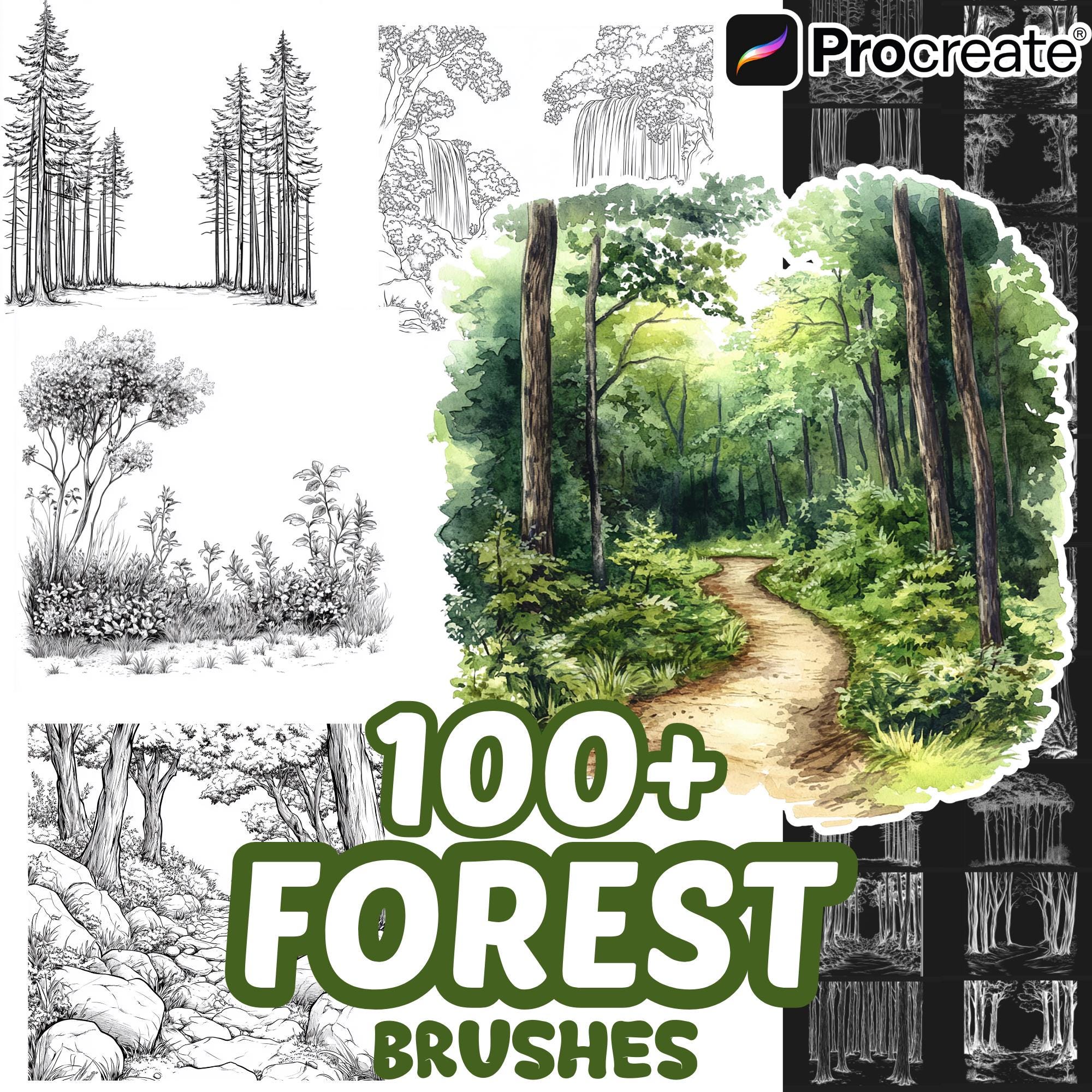 Pack de pinceles Procreate Bosque – 100+ sellos y texturas de naturaleza, árboles, plantas y paisajes