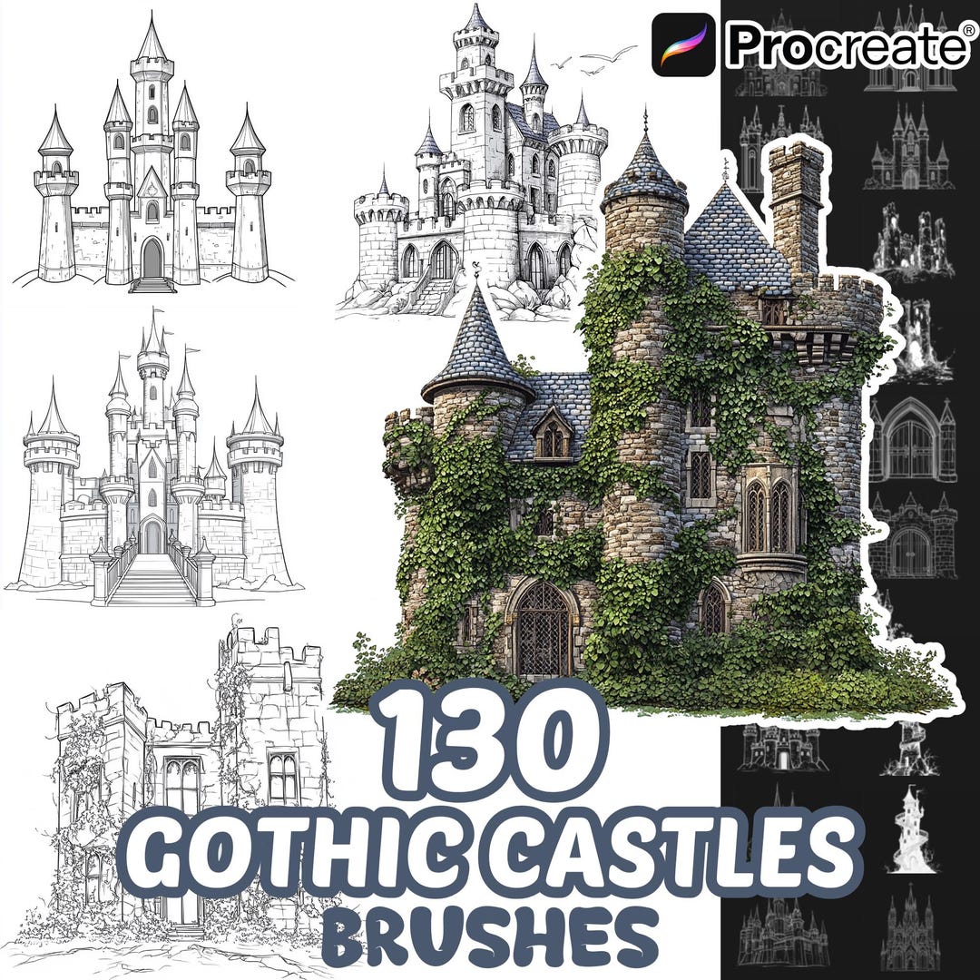 Procreate Gothic Castles Brushes, 130 Gothic Castles Procreate Stamps ...