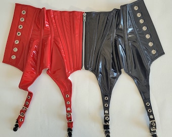 Harley Quinn Garter Corset XS/XXS 20" for a 23-25" waist - Steel boned with silver eyelets from Artifice Clothing in Red and black PVC