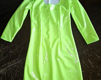 M Neon Green PVC Artifice 3/4 sleeve dress (glows in black light 4-way stretch PVC)