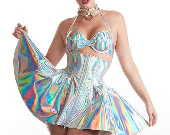 Holographic Corset Skirt S/M 23” for a 26-28” waist in Silver from Artifice Clothing