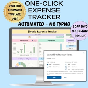 Puede incluir: Una pantalla de ordenador que muestra una interfaz de seguimiento de gastos. La pantalla muestra gráficos y tablas de datos. El texto incluye "ONE-CLICK EXPENSE TRACKER" y "AUTOMATED - NO TYPNG". Una ventana emergente muestra opciones de exportación.