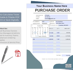Puede incluir: Una plantilla de orden de compra con el texto "Your Business Name Here" y "Purchase Order". El documento incluye campos para los detalles del pedido, un calendario y un importe total. También se ven un bolígrafo y un icono PDF.