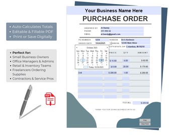 Smart Auto-Calculating Purchase Order PDF : Editable Smart Business Form