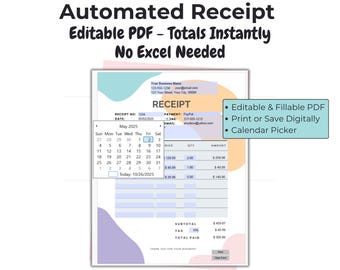 Automated Pastel Receipt Template | Fillable PDF (Instant Download)