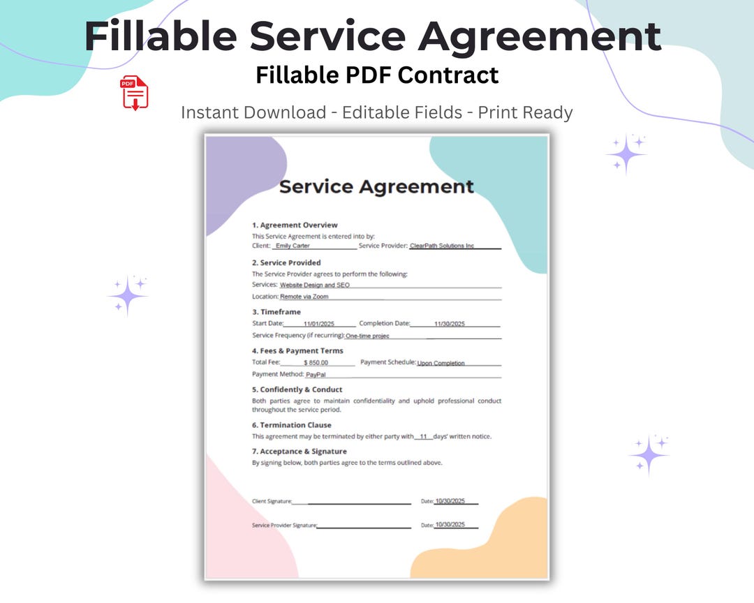 Fillable Service Agreement Template | Editable PDF Contract for ...