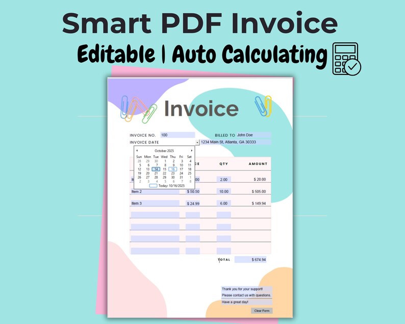 Automated Pastel Invoice | Auto-calculating Fillable PDF | Instant ...