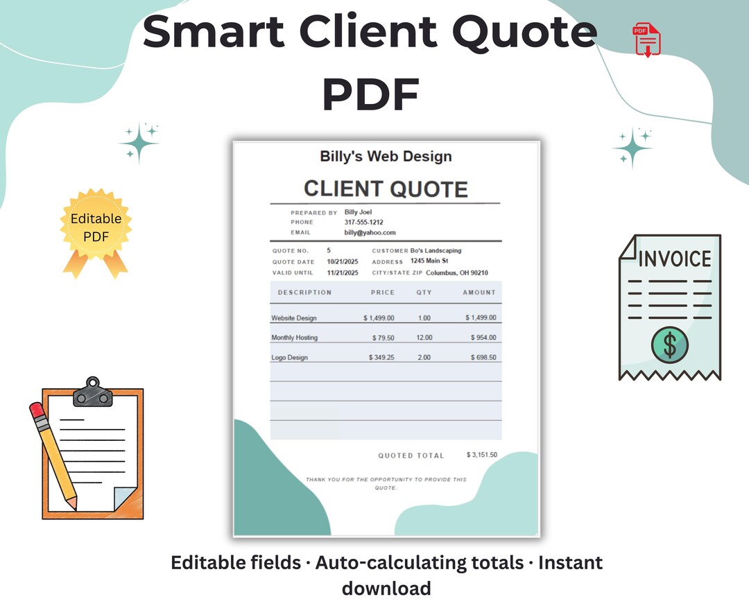 Auto-calculating Smart Client Quote Template: Editable Smart PDF Form ...